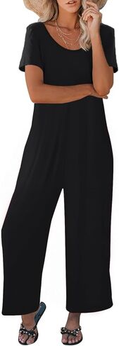 Jumpsuits for Women Summer Short Sleeve U Neck Rompers Casual Loose Fit Wide Leg One Piece Outfits with Pockets in Saudi Arabia