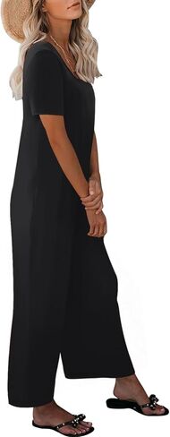 Jumpsuits for Women Summer Short Sleeve U Neck Rompers Casual Loose Fit Wide Leg One Piece Outfits with Pockets in Saudi Arabia