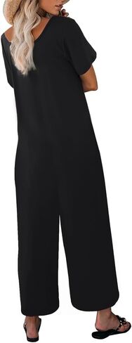 Jumpsuits for Women Summer Short Sleeve U Neck Rompers Casual Loose Fit Wide Leg One Piece Outfits with Pockets in Saudi Arabia