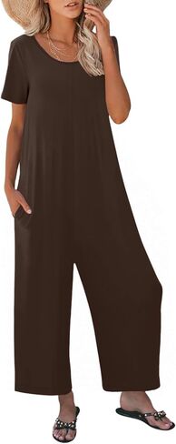 Jumpsuits for Women Summer Short Sleeve U Neck Rompers Casual Loose Fit Wide Leg One Piece Outfits with Pockets in Saudi Arabia