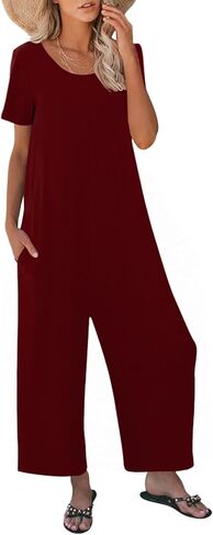 Jumpsuits for Women Summer Short Sleeve U Neck Rompers Casual Loose Fit Wide Leg One Piece Outfits with Pockets in Saudi Arabia