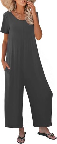 Jumpsuits for Women Summer Short Sleeve U Neck Rompers Casual Loose Fit Wide Leg One Piece Outfits with Pockets in Saudi Arabia
