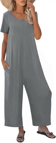 Jumpsuits for Women Summer Short Sleeve U Neck Rompers Casual Loose Fit Wide Leg One Piece Outfits with Pockets in Saudi Arabia