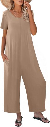 Jumpsuits for Women Summer Short Sleeve U Neck Rompers Casual Loose Fit Wide Leg One Piece Outfits with Pockets in Saudi Arabia
