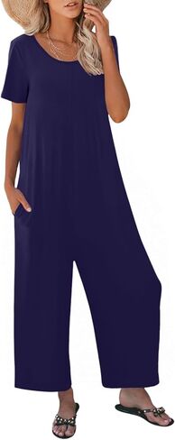 Jumpsuits for Women Summer Short Sleeve U Neck Rompers Casual Loose Fit Wide Leg One Piece Outfits with Pockets in Saudi Arabia