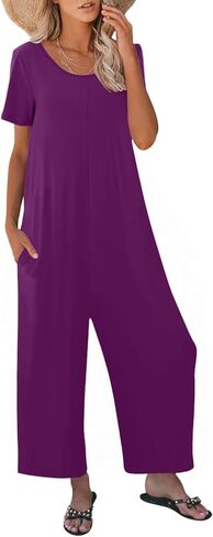 Jumpsuits for Women Summer Short Sleeve U Neck Rompers Casual Loose Fit Wide Leg One Piece Outfits with Pockets in Saudi Arabia