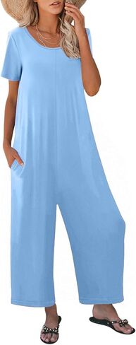 Jumpsuits for Women Summer Short Sleeve U Neck Rompers Casual Loose Fit Wide Leg One Piece Outfits with Pockets in Saudi Arabia