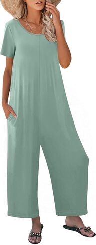 Jumpsuits for Women Summer Short Sleeve U Neck Rompers Casual Loose Fit Wide Leg One Piece Outfits with Pockets in Saudi Arabia