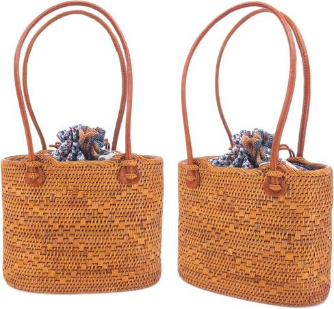 Women's Bali Rattan handbag 8" - Cloth-Secure Quality - Adjustable Leather Strap - Authentic Bali Batik Lining in Saudi Arabia