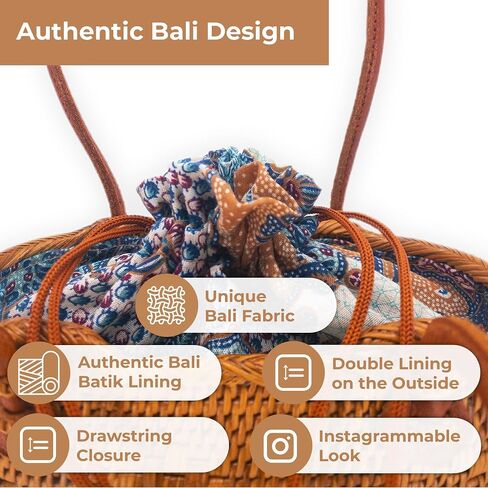 Women's Bali Rattan handbag 8" - Cloth-Secure Quality - Adjustable Leather Strap - Authentic Bali Batik Lining in Saudi Arabia