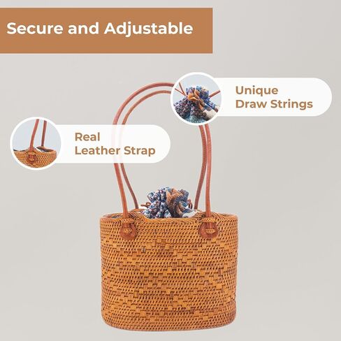 Women's Bali Rattan handbag 8" - Cloth-Secure Quality - Adjustable Leather Strap - Authentic Bali Batik Lining in Saudi Arabia