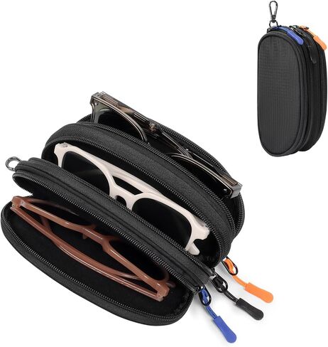 Eyeglasses Case for 3 Pairs, Multi Sunglasses Travel Organizer Pouch with Keychain Clip Zipper Closure for Men Women in Saudi Arabia