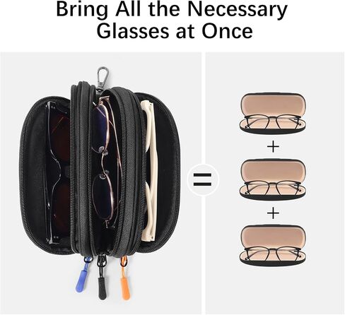 Eyeglasses Case for 3 Pairs, Multi Sunglasses Travel Organizer Pouch with Keychain Clip Zipper Closure for Men Women in Saudi Arabia