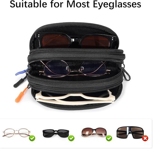Eyeglasses Case for 3 Pairs, Multi Sunglasses Travel Organizer Pouch with Keychain Clip Zipper Closure for Men Women in Saudi Arabia