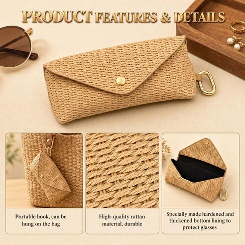 Woven Straw Sunglasses Case,Boho Rattan Soft Eyeglass Case with Hard Shell & Clip Hook, Portable Travel Glasses Pouch in Saudi Arabia