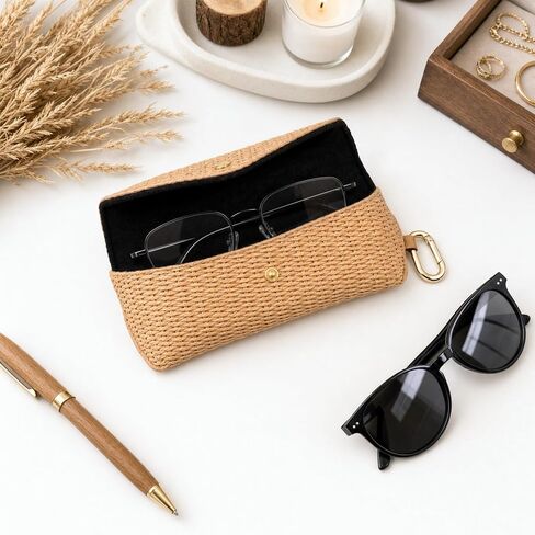 Woven Straw Sunglasses Case,Boho Rattan Soft Eyeglass Case with Hard Shell & Clip Hook, Portable Travel Glasses Pouch in Saudi Arabia