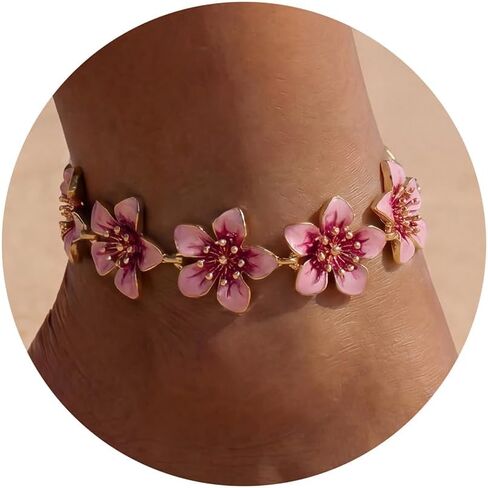 Fesciory Gold Plated Ankle Bracelets for Women, Adjustable Layered Flower Cherry Charm Anklets, Summer Hawaiian Beach Foot Jewelry Gifts 5 Flowers(Pink) in Saudi Arabia