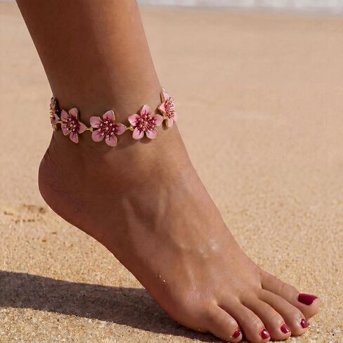 Fesciory Gold Plated Ankle Bracelets for Women, Adjustable Layered Flower Cherry Charm Anklets, Summer Hawaiian Beach Foot Jewelry Gifts 5 Flowers(Pink) in Saudi Arabia