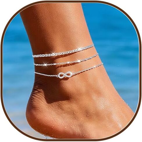 3Pcs Silver Ankle Bracelets for Women Gold Waterproof Non Tarnish Beaded Chain Layered Stackable Large Adjustable Plus Size Anklets Set Summer Beach Vacation Jewelry Gift in Kuwait