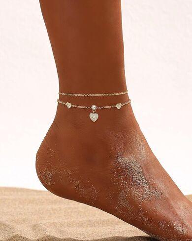 Anklets for Women Waterproof 14K Gold Plated Cz Beach Ankle Bracelets Dainty Summer Butterfly Clover Heart Bow Anklet Non Tarnish Layered Beach Jewelry Accessories for Women Trendy in Saudi Arabia