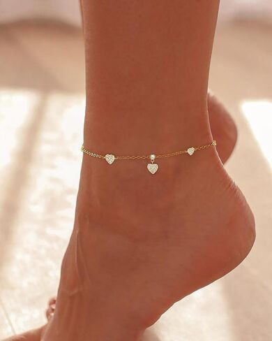 Anklets for Women Waterproof 14K Gold Plated Cz Beach Ankle Bracelets Dainty Summer Butterfly Clover Heart Bow Anklet Non Tarnish Layered Beach Jewelry Accessories for Women Trendy in Saudi Arabia