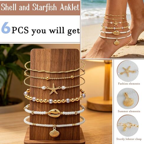 Gold Anklets Set for Women 6PCS 14K Boho Starfish Shell Pearl Anklet Hawaiian Beach Aesthetic Summer Layered Foot Jewelry Gifts in Kuwait