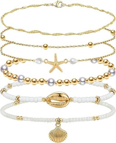 Gold Anklets Set for Women 6PCS 14K Boho Starfish Shell Pearl Anklet Hawaiian Beach Aesthetic Summer Layered Foot Jewelry Gifts in Kuwait