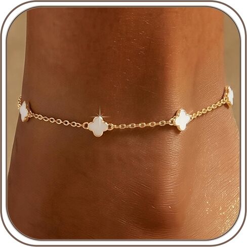 Billet-doux 14K Dainty Gold-Plated White Tiny Clovers Anklet For Women, Colorful Very Small Dainty Gold Plated 4-Leaf Clovers Cable Chain Anklet, Trendy Stackable Jewelry Gift Perfect for Her in Saudi Arabia