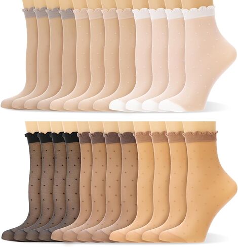 12 Pairs Women's Ruffle Sheer Socks with Polka Dots - Ultra Thin Cool Mesh Socks for Women, Summer Cute Frilly Lace Crew Socks for Dress, Daily Wear in Kuwait