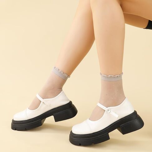 12 Pairs Women's Ruffle Sheer Socks with Polka Dots - Ultra Thin Cool Mesh Socks for Women, Summer Cute Frilly Lace Crew Socks for Dress, Daily Wear in Kuwait