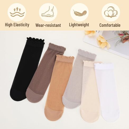 12 Pairs Women's Ruffle Sheer Socks with Polka Dots - Ultra Thin Cool Mesh Socks for Women, Summer Cute Frilly Lace Crew Socks for Dress, Daily Wear in Kuwait