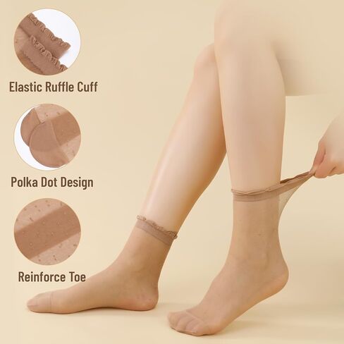 12 Pairs Women's Ruffle Sheer Socks with Polka Dots - Ultra Thin Cool Mesh Socks for Women, Summer Cute Frilly Lace Crew Socks for Dress, Daily Wear in Kuwait