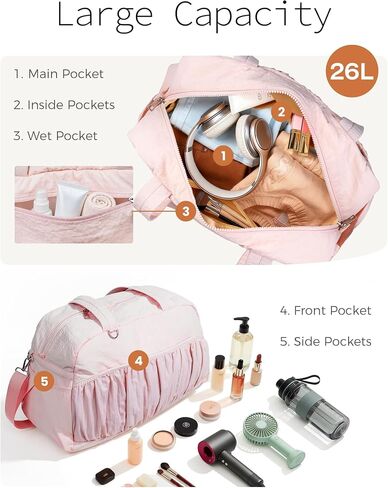 Eililer Cute Travel Duffle Bag for Women, Carry On Airline Personal Item Bag, Lightweight Puffy Weekender Overnight Bag with Wet Pocket, 26L Gym Bag, Dance Bag, Water Resistant in Saudi Arabia