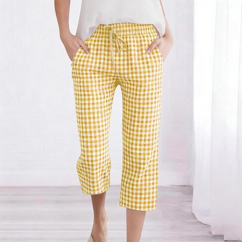 DASAYO Capris for Women Casual Linen Checkered Elastic Waist Drawstring Capri Pants with Pockets Summer Lounge Travel Outfits in Kuwait