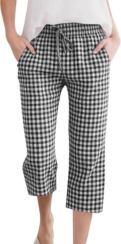 DASAYO Capris for Women Casual Linen Checkered Elastic Waist Drawstring Capri Pants with Pockets Summer Lounge Travel Outfits in Kuwait