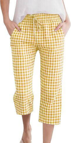 DASAYO Capris for Women Casual Linen Checkered Elastic Waist Drawstring Capri Pants with Pockets Summer Lounge Travel Outfits in Kuwait