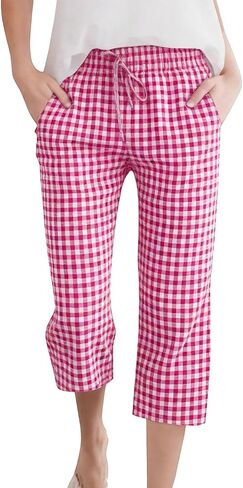 DASAYO Capris for Women Casual Linen Checkered Elastic Waist Drawstring Capri Pants with Pockets Summer Lounge Travel Outfits in Kuwait