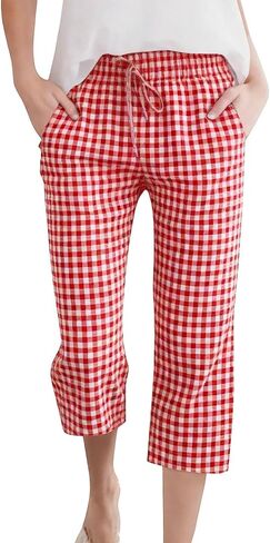 DASAYO Capris for Women Casual Linen Checkered Elastic Waist Drawstring Capri Pants with Pockets Summer Lounge Travel Outfits in Kuwait
