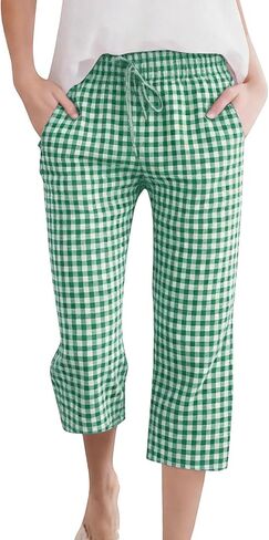 DASAYO Capris for Women Casual Linen Checkered Elastic Waist Drawstring Capri Pants with Pockets Summer Lounge Travel Outfits in Kuwait