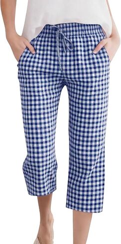 DASAYO Capris for Women Casual Linen Checkered Elastic Waist Drawstring Capri Pants with Pockets Summer Lounge Travel Outfits in Kuwait