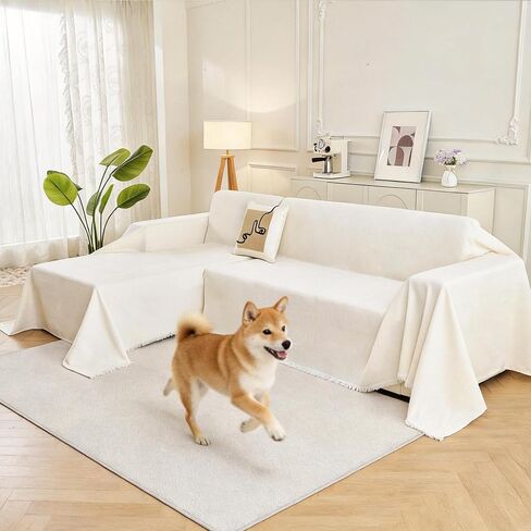 Sectional Couch Covers 2-Piece for L Shape Sofa, Chenille Washable Sofa Cover for 2-3 Cushion Couch, Non-Slip Furniture Protector for Dogs,Pets, Soft Couch Blanket Slipcovers Sets (L-Cream) in Saudi Arabia