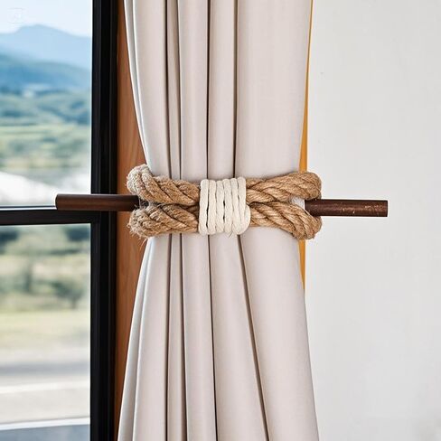 JELUTRIC Curtain Tiebacks Farmhouse Holdbacks,Nautical Boho Rustic Curtain Holders,Cotton Jute Rope with Wood Club,Wood Vintage Natural Woven Curtain Ties for Window Drapery 2Pcs in Saudi Arabia