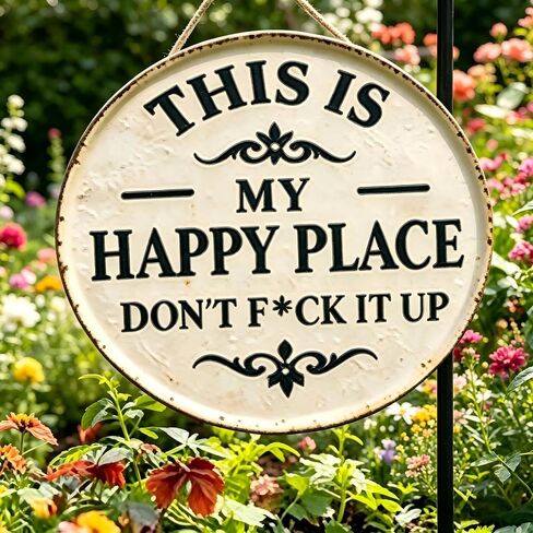 Funny Garden Metal Sign - "This Is My Happy Place Don't F*c* It Up" Vintage Outdoor Decor, 12" Round Tin Sign for Home, Farm, Bar & Patio, Aesthetic Wall Art Welcome Sign, Hilarious Gift for Gardeners in Kuwait