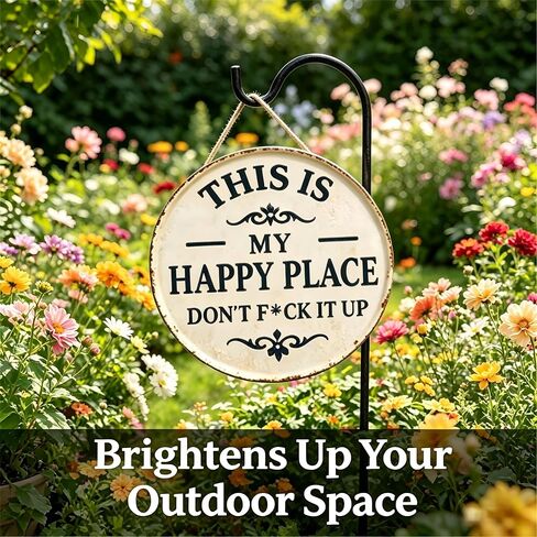 Funny Garden Metal Sign - "This Is My Happy Place Don't F*c* It Up" Vintage Outdoor Decor, 12" Round Tin Sign for Home, Farm, Bar & Patio, Aesthetic Wall Art Welcome Sign, Hilarious Gift for Gardeners in Kuwait