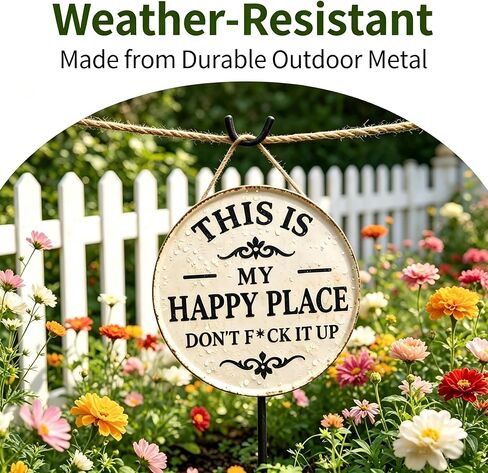 Funny Garden Metal Sign - "This Is My Happy Place Don't F*c* It Up" Vintage Outdoor Decor, 12" Round Tin Sign for Home, Farm, Bar & Patio, Aesthetic Wall Art Welcome Sign, Hilarious Gift for Gardeners in Kuwait