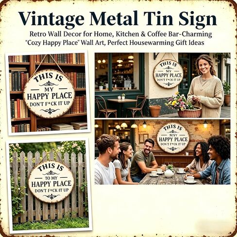 Funny Garden Metal Sign - "This Is My Happy Place Don't F*c* It Up" Vintage Outdoor Decor, 12" Round Tin Sign for Home, Farm, Bar & Patio, Aesthetic Wall Art Welcome Sign, Hilarious Gift for Gardeners in Kuwait