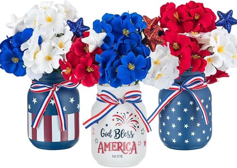 Glasseam 4th of July Vase Set: 3Pcs Patriotic Glass Mason Jars with Red White and Blue Artificial Geranium Star Ribbons - Independence Day USA 250 Anniversary Memorial Table Centerpiece Home Decor in Kuwait