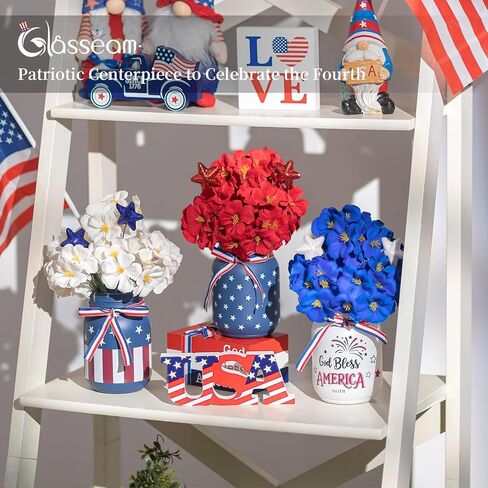 Glasseam 4th of July Vase Set: 3Pcs Patriotic Glass Mason Jars with Red White and Blue Artificial Geranium Star Ribbons - Independence Day USA 250 Anniversary Memorial Table Centerpiece Home Decor in Kuwait