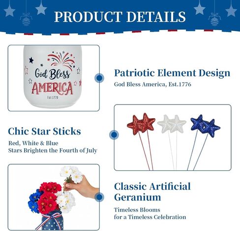 Glasseam 4th of July Vase Set: 3Pcs Patriotic Glass Mason Jars with Red White and Blue Artificial Geranium Star Ribbons - Independence Day USA 250 Anniversary Memorial Table Centerpiece Home Decor in Kuwait