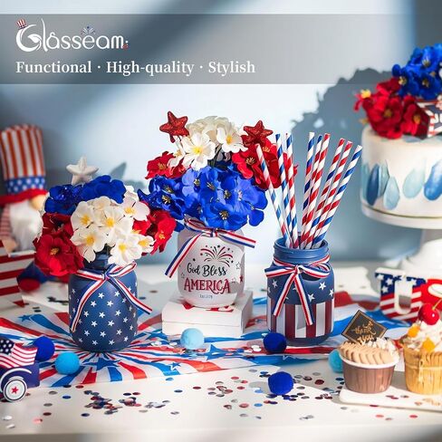 Glasseam 4th of July Vase Set: 3Pcs Patriotic Glass Mason Jars with Red White and Blue Artificial Geranium Star Ribbons - Independence Day USA 250 Anniversary Memorial Table Centerpiece Home Decor in Kuwait